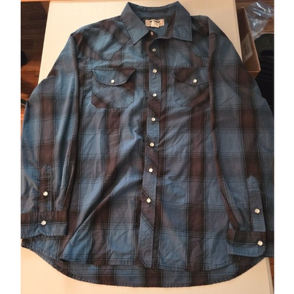 Duke Haband Plaid‎ Western Snap Button Long Sleeve Shirt Blue Brown Size L